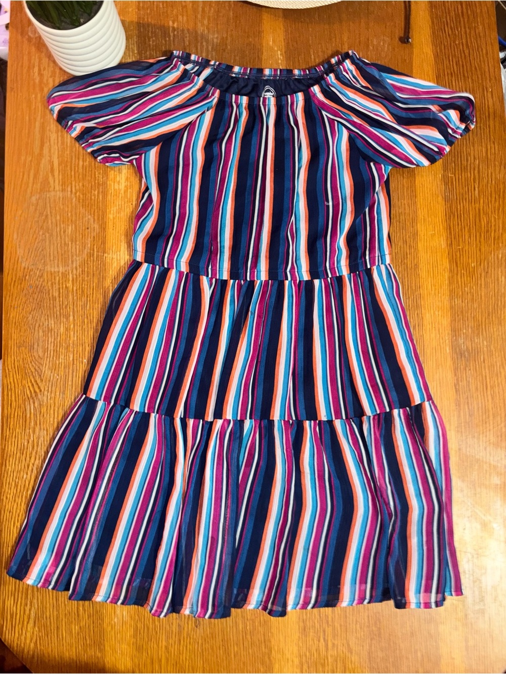 Wonder Nation Navy Multicolor Striped Off-Shoulder Tiered Dress